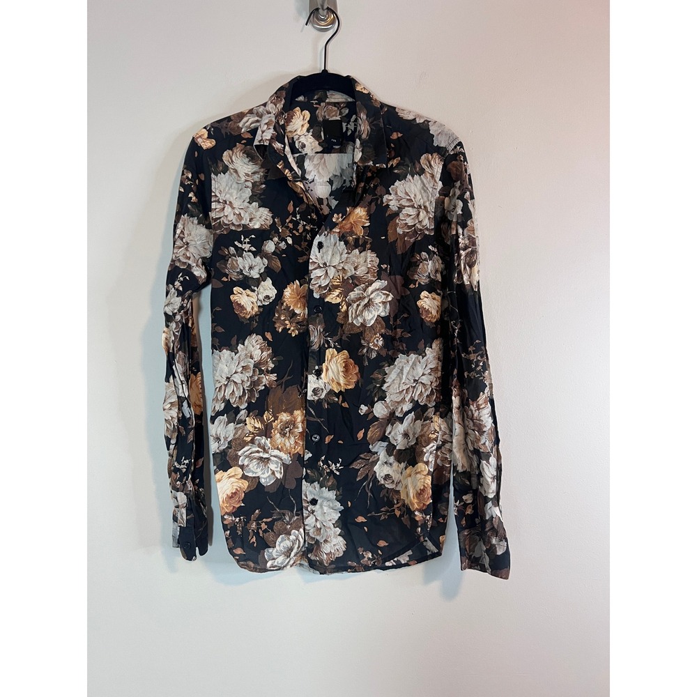 HM Womens Floral Button Down Shirt Black Brown Long Sleeve Blouse XS